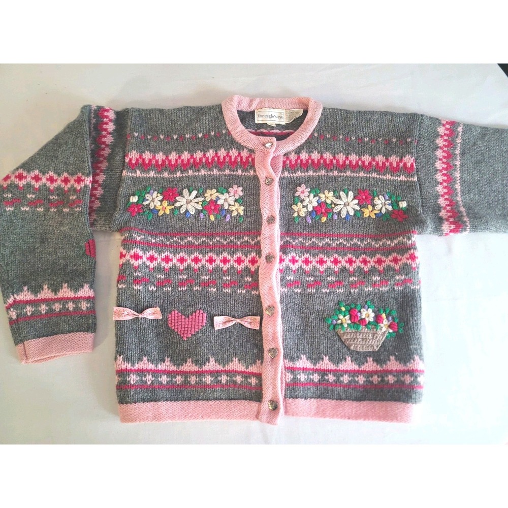 Vintage 90s The Eagle's Eye Wool Cardigan Sweater Women's M Heart Bow Pink Gray